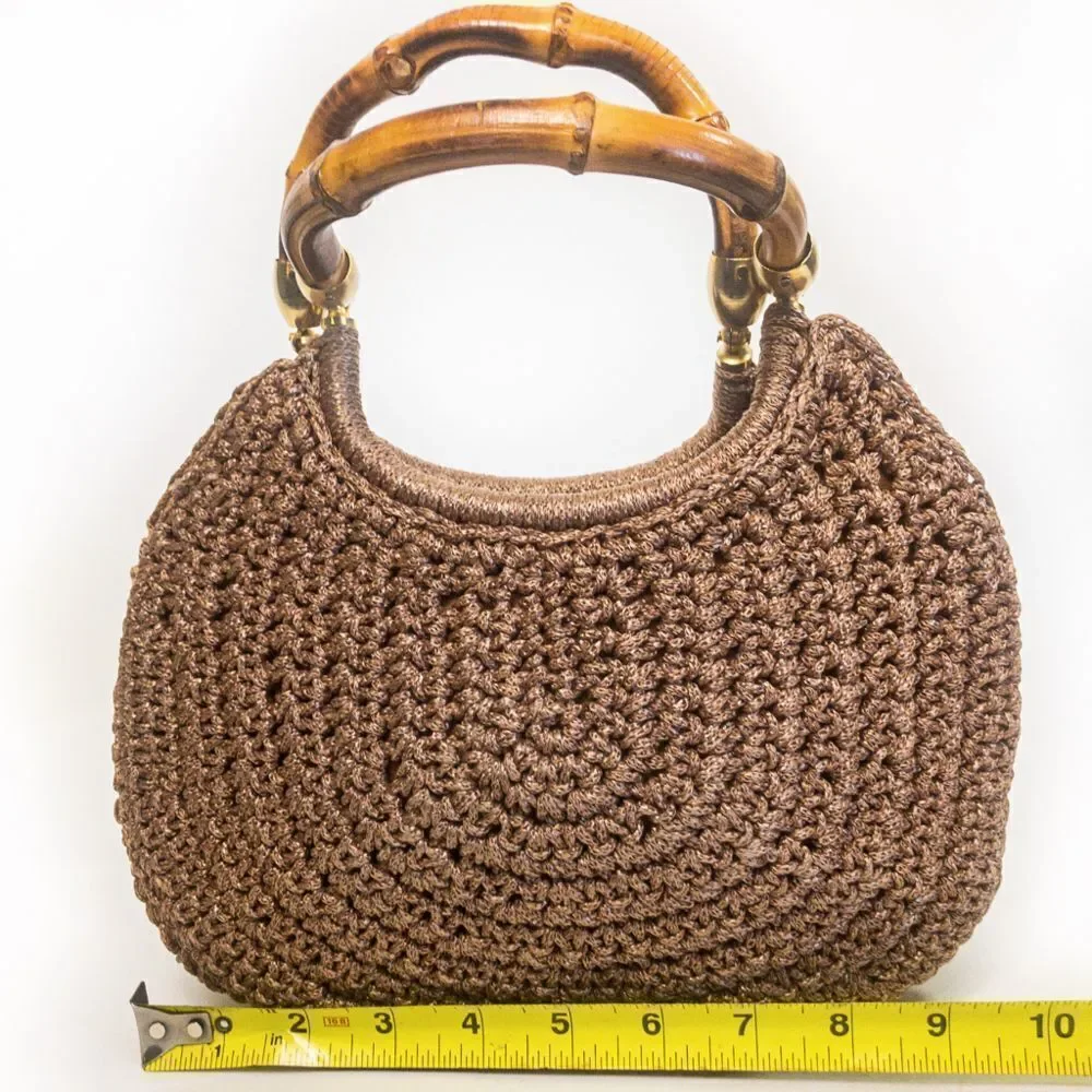 Vintage Brandeis Brown Macrame Clamshell Handbag Bamboo Handles - Picture 13 of 13